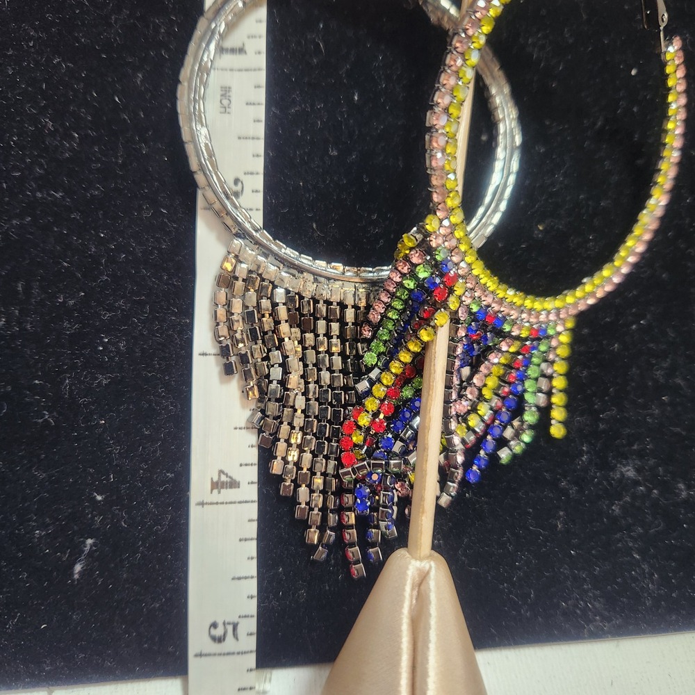 Multi Color Rhinestone Fringe Hoop Earrings Rainbow Crystal Tassel Statement - Picture 6 of 11